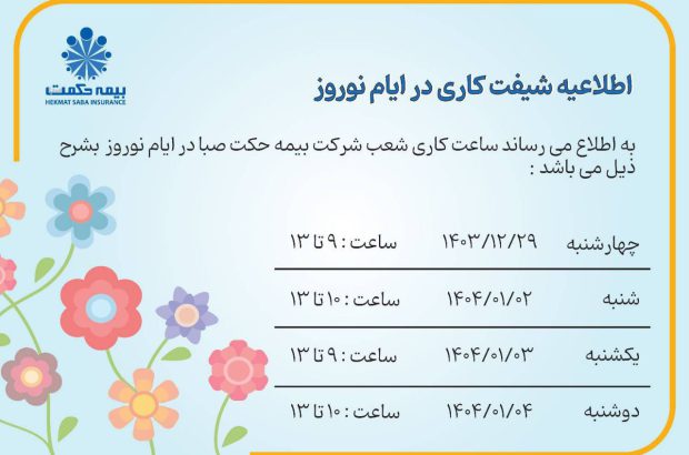 آمادگی کامل شعب بیمه حکمت صبا برای ارائه خدمات در ایام نوروز ۱۴۰۴
