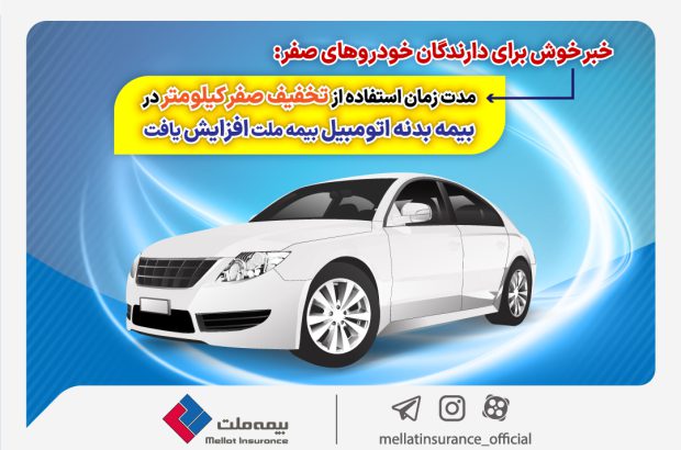 خبر خوش برای دارندگان خودروهای صفر:مدت زمان استفاده از تخفیف صفر کیلومتر در بیمه بدنه اتومبیل بیمه ملت افزایش یافت
