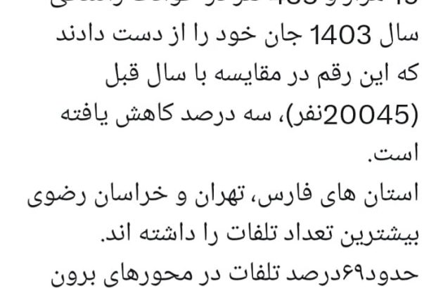 تلفات حوادث رانندگی پارسال ۳درصد کاهش یافت
