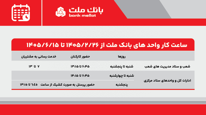 تغییر ساعت کار واحدهای بانک ملت از ۲۶ اردیبهشت
