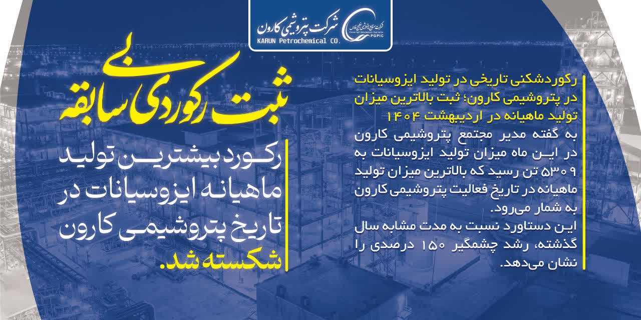 رکوردشکنی تاریخی تولید ایزوسیانات در پتروشیمی کارون؛ ثبت بالاترین میزان تولید ماهیانه در اردیبهشت ۱۴۰۴
